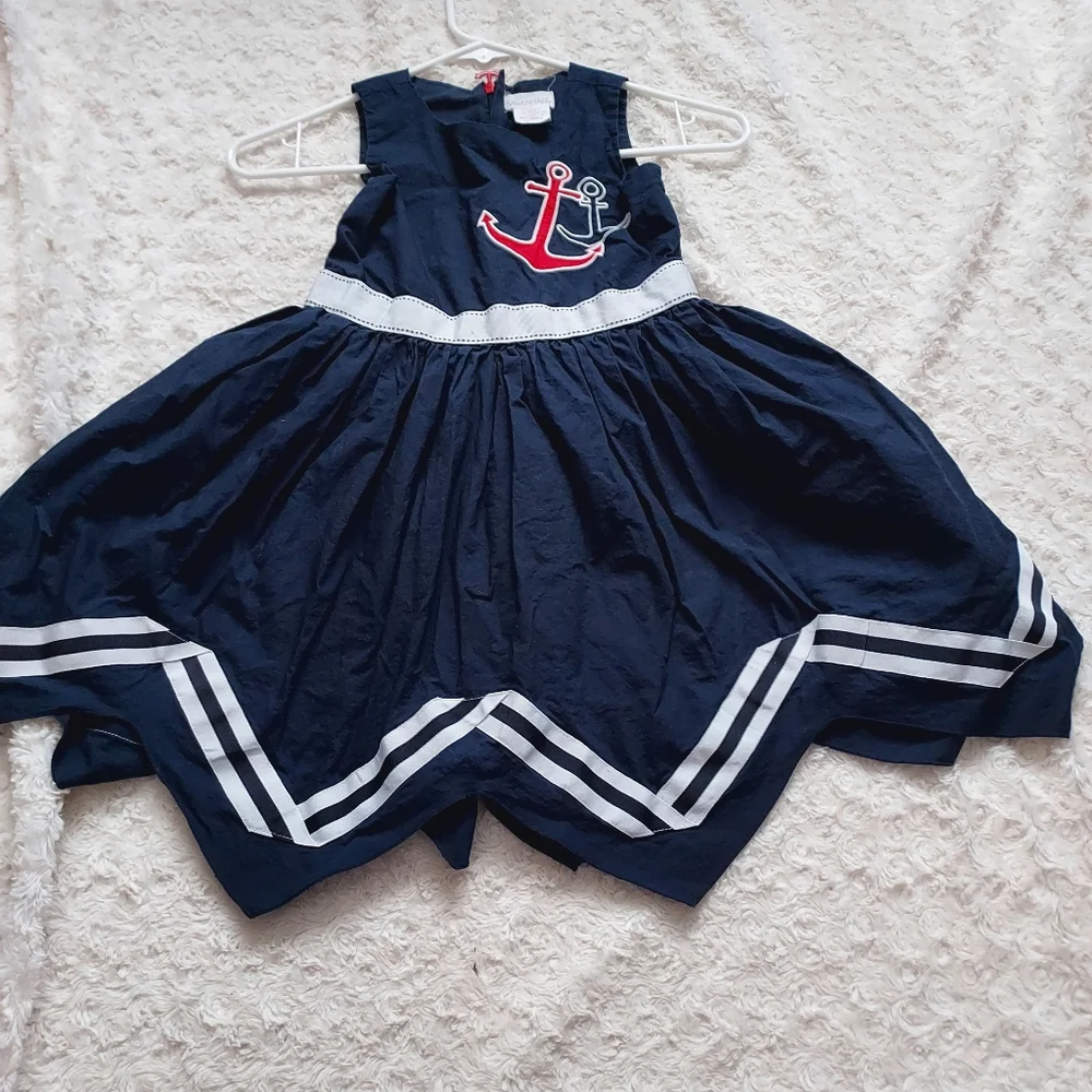 Savannah Navy Sailor Anchor Cotton sharkbite hem dress size 6 Nautical Coastal